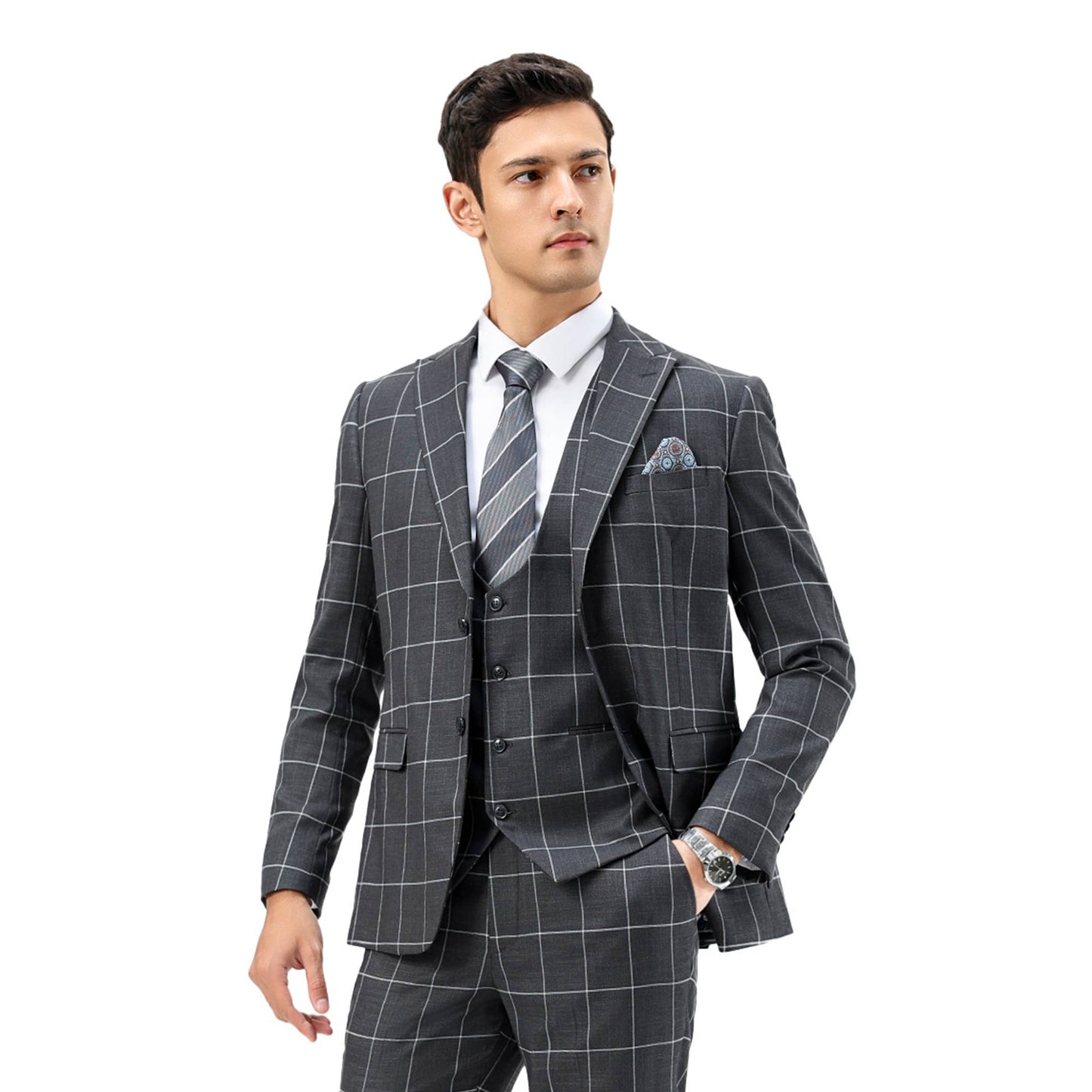 Sean Alexander 3pc Windowpane Suit Set, Hybrid-Fit, Gray