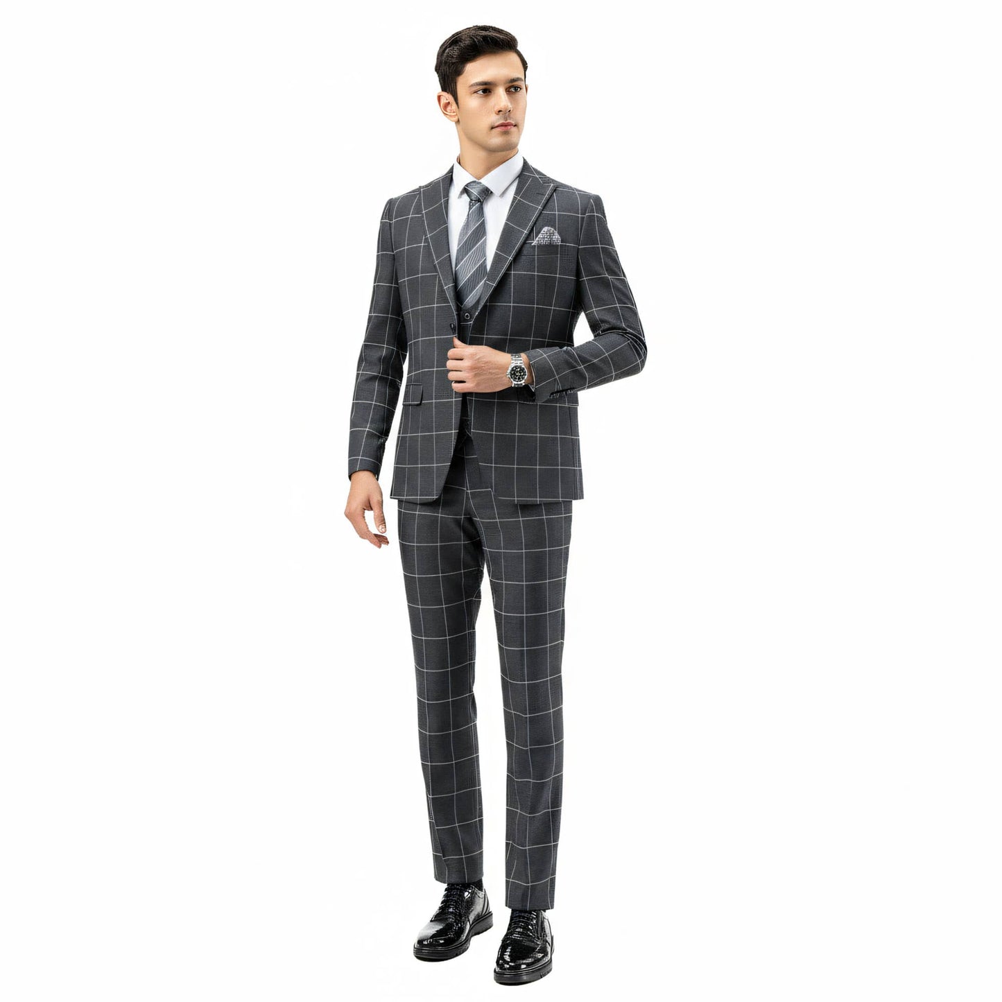 Sean Alexander 3pc Windowpane Suit Set, Hybrid-Fit, Gray